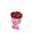 Arrangement with roses and teddy bear in box